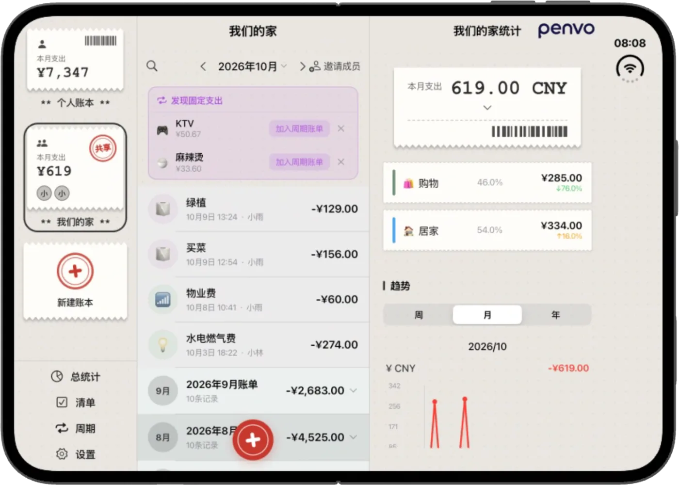 iPhone Duo 展开后的 Penvo记账:左栏账本、中间账单、右栏统计