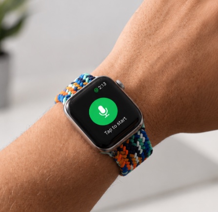 手腕上的 Apple Watch 显示 Penvo记账 的录音按钮，轻点即可开始语音记账